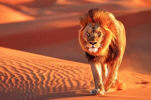 ai gegenereerd majestueus mannetje leeuw schrijdend vol vertrouwen aan de overkant de Sahara woestijn Bij zonsondergang foto