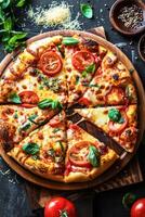 ai gegenereerd vers gebakken peperoni pizza met gesneden tomaten en basilicum Aan een houten bord foto