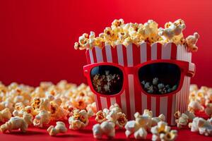 ai gegenereerd popcorn emmer met zonnebril Aan een helder rood achtergrond suggereren een film thema foto