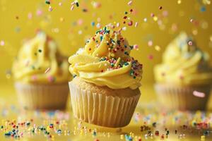 ai gegenereerd geel vanille cupcakes met regenboog hagelslag Aan geel achtergrond. foto
