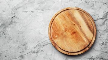 ai gegenereerd houten pizza schotel Aan wit keuken tafel top visie. foto