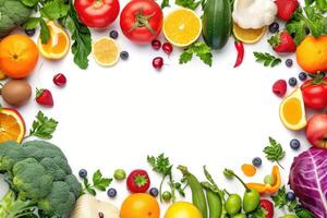 ai gegenereerd breed collage van vers fruit en groenten voor lay-out geïsoleerd Aan wit achtergrond. kopiëren ruimte foto