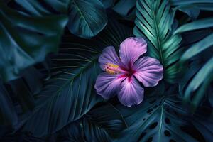 ai gegenereerd kleurrijk bloem Aan donker tropisch gebladerte natuur achtergrond foto