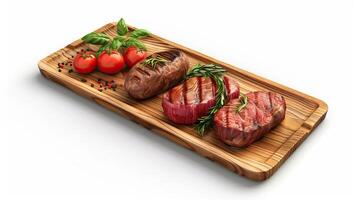 ai gegenereerd houten dienblad voor vlees en groente Aan wit achtergrond foto