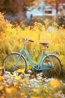 ai gegenereerd wijnoogst fiets met rieten mand staand in een bloeiend geel koolzaad veld- Aan een zonnig dag foto