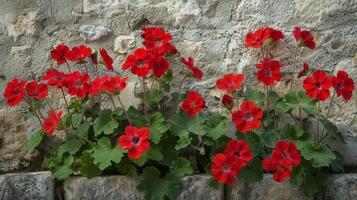 ai gegenereerd geraniums tegen oude steen muur foto