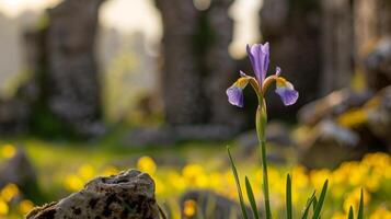 ai gegenereerd iris bloeiend tussen ruïnes foto