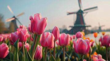 ai gegenereerd Nederlands tulpen en windmolens foto