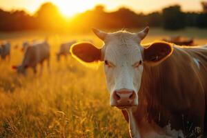 ai gegenereerd koeien begrazing Aan gras veld- Bij zonsondergang, een koe looks Bij camera. foto