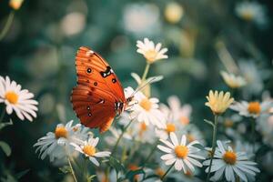 ai gegenereerd braun vlinder met Gesloten Vleugels Aan een wit bloem. hoog kwaliteit foto.. selectief focus foto