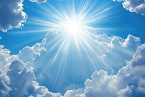 ai gegenereerd religieus banier met blauw lucht en zonnestralen. foto