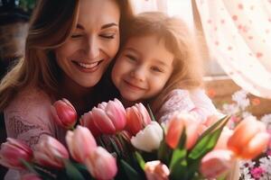 ai gegenereerd moeders dag viering met dochter geven bloemen. foto