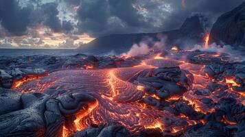 ai gegenereerd lava stromen in oceaan van klif foto