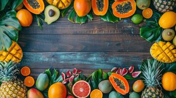 ai gegenereerd verscheidenheid van fruit Aan houten tafel foto