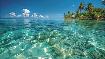 ai gegenereerd tropisch strand met Doorzichtig blauw water en palm bomen foto