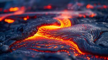 ai gegenereerd lava stromen in de oceaan dichtbij omhoog foto