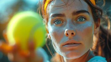 ai gegenereerd vrouw Holding tennis bal foto