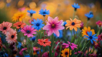 ai gegenereerd kleurrijk bloemen bloeiend in de gras foto