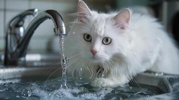 ai gegenereerd wit kat drinken water van kraan foto