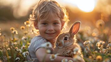 ai gegenereerd weinig meisje spelen met konijn in gras foto