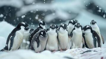ai gegenereerd groep van pinguïns staand in de sneeuw foto