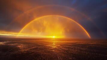 ai gegenereerd zon instelling over- veld- met regenboog foto