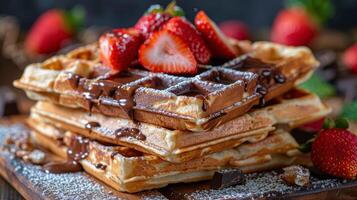 ai gegenereerd stack van wafels bekroond met aardbeien en chocola foto