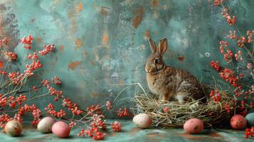 ai gegenereerd konijn zittend in nest met eieren en madeliefjes foto