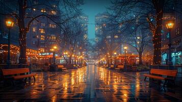 ai gegenereerd regenachtig nacht in stad met lichten en banken foto