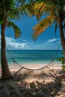 ai gegenereerd hangmat swinging Aan strand met palm bomen foto