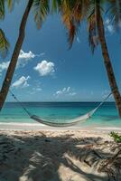 ai gegenereerd hangmat swinging Aan strand met palm bomen foto