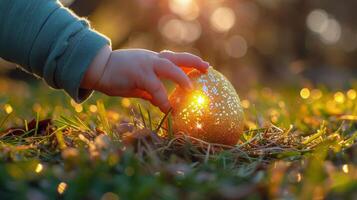 ai gegenereerd kind Holding gloeiend bal in gras foto