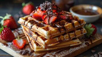 ai gegenereerd stack van wafels bekroond met aardbeien en chocola foto