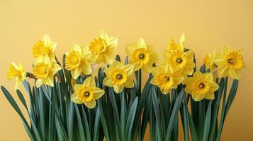 ai gegenereerd vaas gevulde met geel bloemen Aan tafel foto