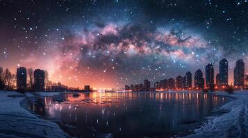 ai gegenereerd sterrenhemel nacht lucht met stad lichten weerspiegeld in water foto