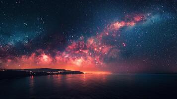 ai gegenereerd sterrenhemel nacht lucht met stad lichten weerspiegeld in water foto