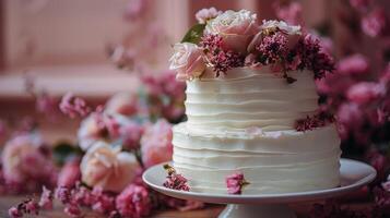 ai gegenereerd elegant wit bruiloft taart met roze bloemen foto