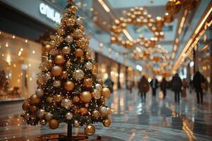 ai gegenereerd Kerstmis boom in winkelcentrum met mensen wandelen in de omgeving van foto