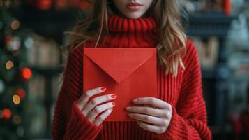 ai gegenereerd vrouw in rood trui Holding rood envelop foto