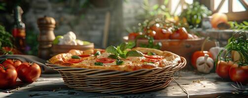 ai gegenereerd pizza Aan houten tafel foto