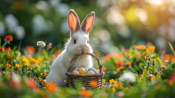 ai gegenereerd wit konijn zittend in mand met eieren foto
