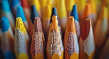 ai gegenereerd rij van gekleurde potloden Aan tafel foto