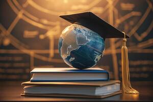 ai gegenereerd diploma uitreiking pet en aarde wereldbol voor bedrijf studie globaal onderwijs foto