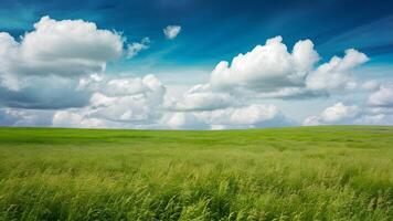 ai gegenereerd artistiek zomer milieu landschap concept met groen gras en cloudscape foto