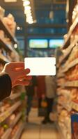 ai gegenereerd eerste persoon visie van een hand- aanbieden credit kaart Bij supermarkt verticaal mobiel behang foto