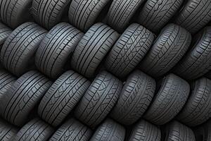 ai gegenereerd stack van auto banden met zwart rubber betreden, getextureerde achtergrond foto