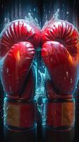 ai gegenereerd visie boksen handschoenen met een plons van water Aan een donker achtergrond verticaal mobiel behang foto