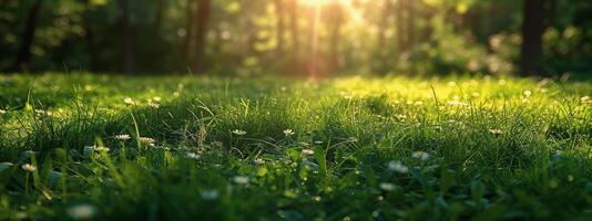 ai gegenereerd zon schijnend door bomen in gras foto