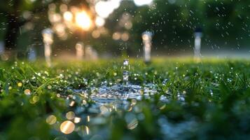 ai gegenereerd water spuwen uit van vijver Bij zonsondergang foto