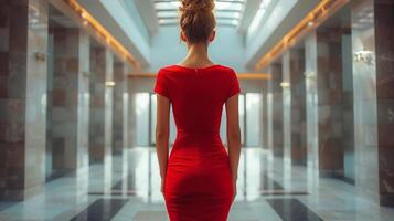 ai gegenereerd vrouw in rood jurk wandelen naar beneden gang foto